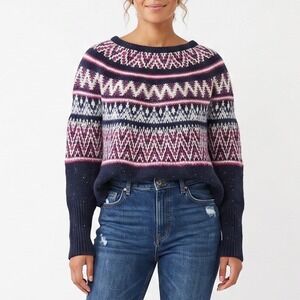 Sleeping on Snow Sweater Womens O/S Fair Isle Dolman Navy Pink Knit Excellent